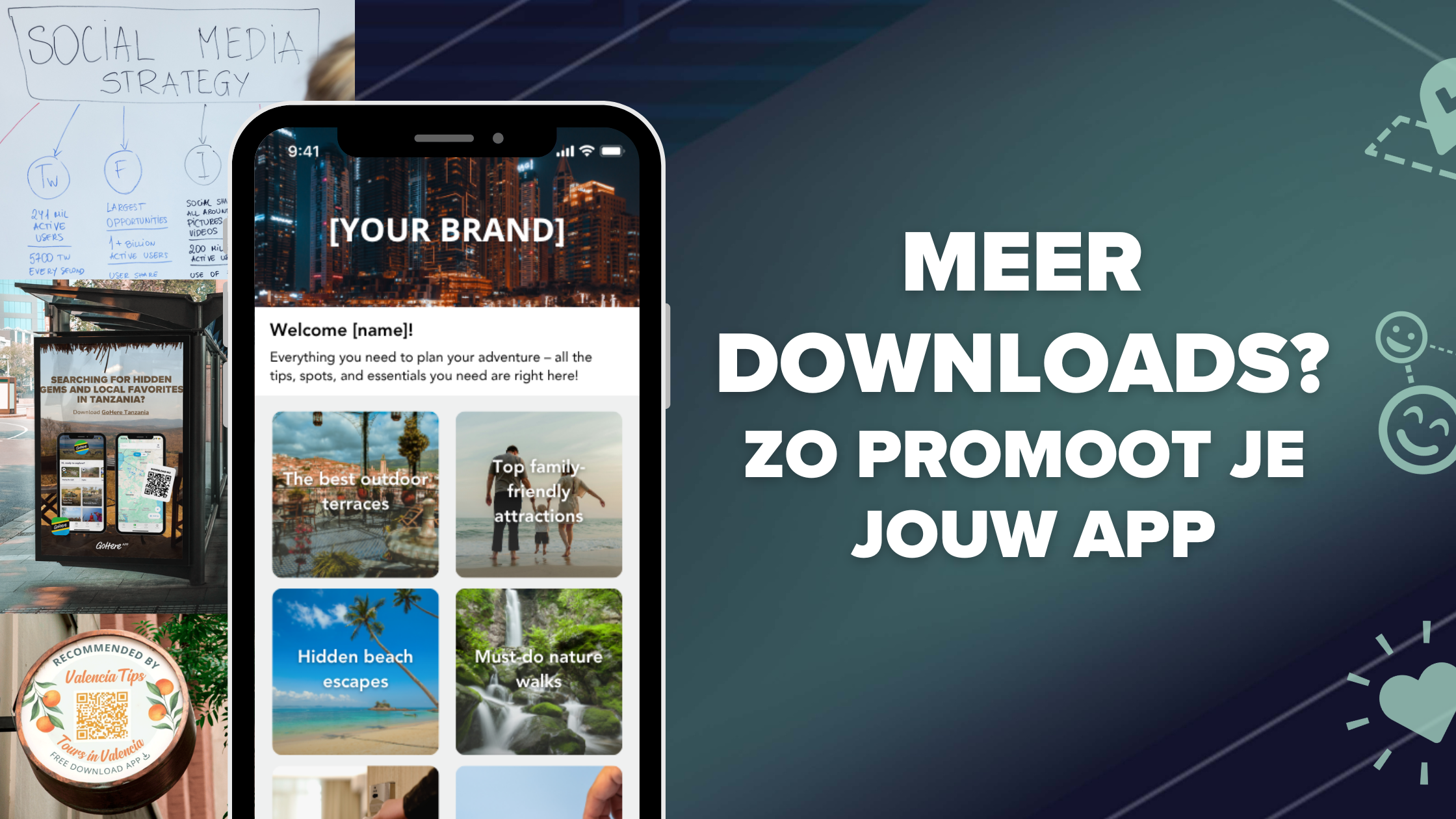Visuele cover van een blog over app promoten, met smartphone-interface van een reisapp, QR-code posters, social media strategie en de tekst: ‘Meer downloads? Zo promoot je jouw app’.