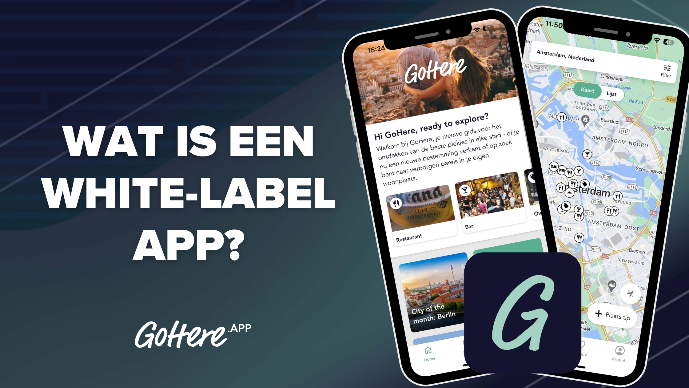 Wat is een white-label app? Screenshot van de GoHere white-label app met branding en functies voor bedrijven in de reisindustrie
